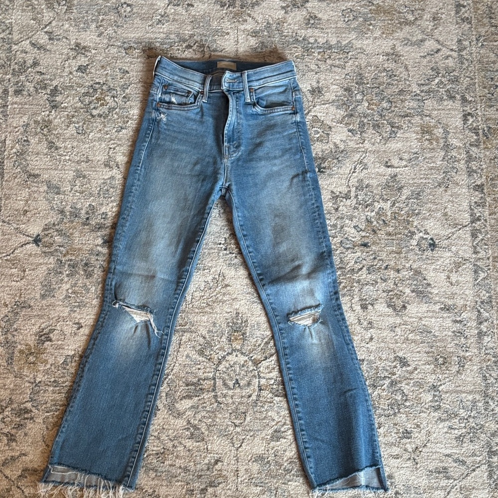 MOTHER Light Blue Cropped Jeans with Distressed Details